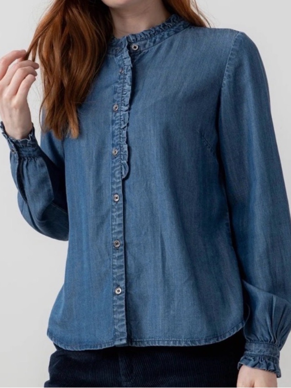 Boden Blue Denim Ruffle-Trim Button-Down Blouse
